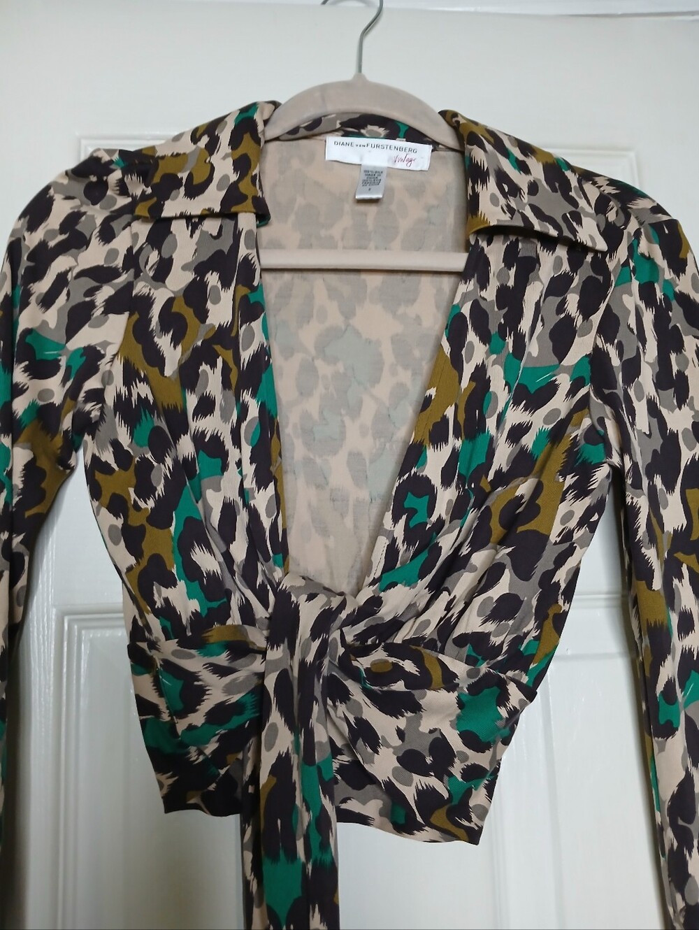Diane Von Furstenberg Leopard Print Tie-Front Blouse in Beige, Black and Green